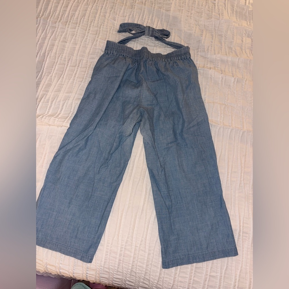 J. Crew Blue Chambray Bow cotton lightweight Flare Wide Leg Goucho Pants 10 - Picture 3 of 7